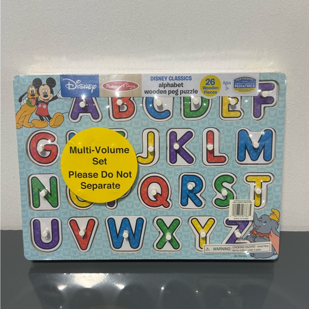 Melissa and Doug Disney Wooden Alphabet Peg Puzzle - Multicolor Set of 3 NEW